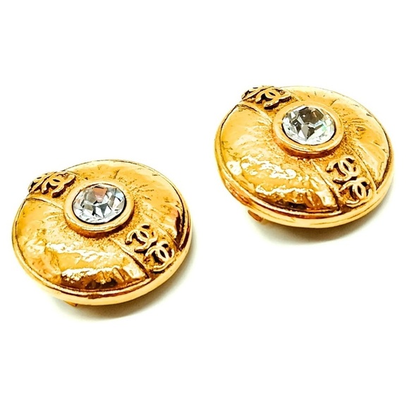 Chanel Vintage Earrings 1984 CC crystal-embellished Gold Plated Clip On - Picture 1 of 13